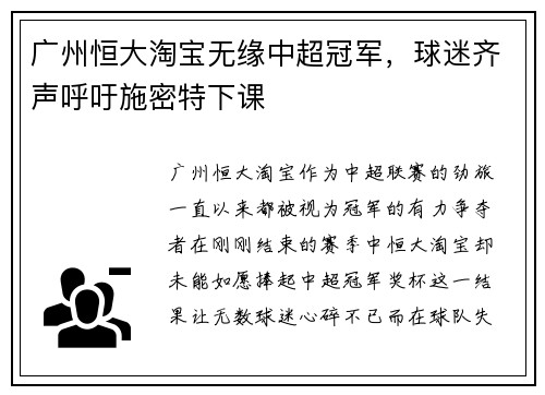 广州恒大淘宝无缘中超冠军，球迷齐声呼吁施密特下课