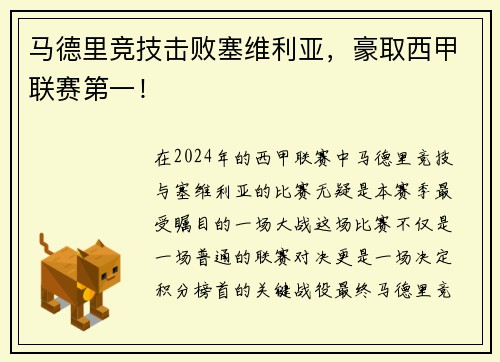 马德里竞技击败塞维利亚，豪取西甲联赛第一！