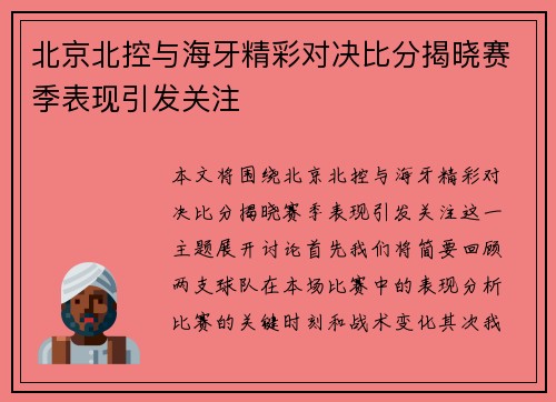 北京北控与海牙精彩对决比分揭晓赛季表现引发关注